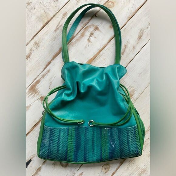 Ili New York leather Purse aqua teal blue green bucket bag hobo shoulder bag EUC - Picture 1 of 15